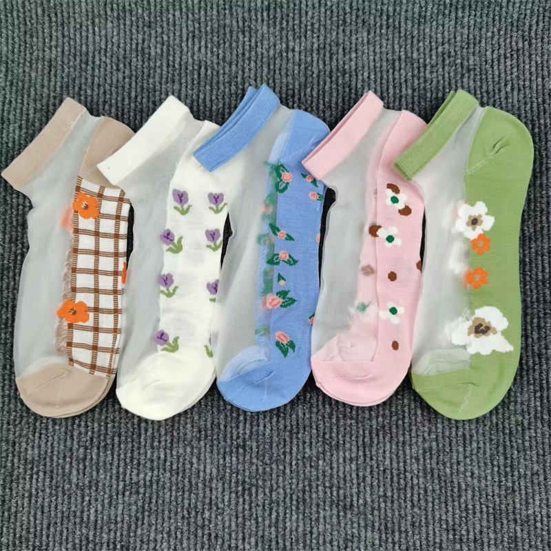 玻璃丝袜子女夏季薄款低帮袜耐磨卡丝透明水晶丝袜花朵棉底女士袜
