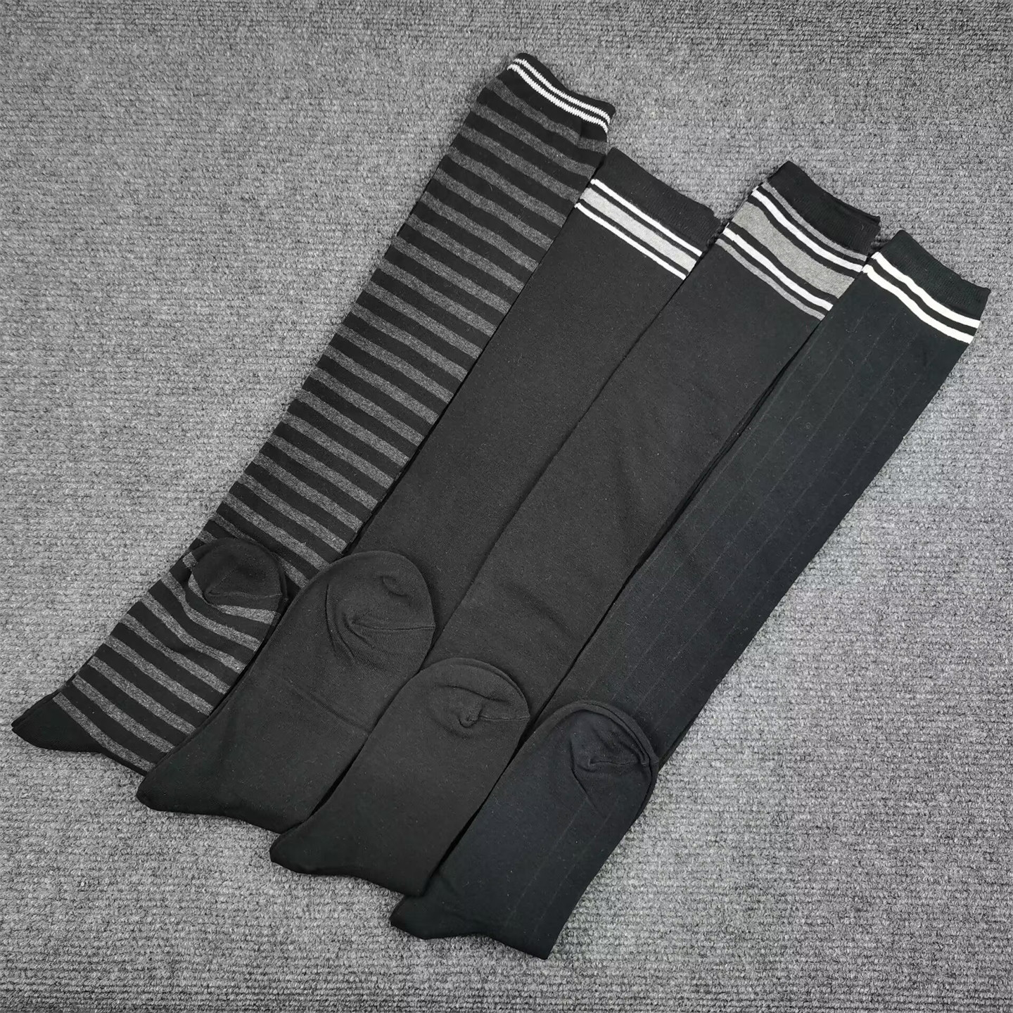 小腿袜子男女同款过膝袜棉混黑色百搭春季薄款简约条纹大码长筒袜