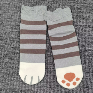 直筒袜子女可爱猫爪短中筒纯棉袜条纹大码 松口吸汗全棉甜美女士袜