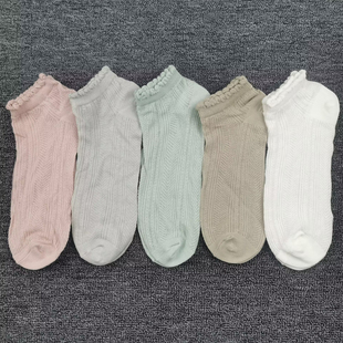 薄棉袜子女网眼镂空短袜透气纯棉袜简约纯色花边空调袜女士袜 夏季