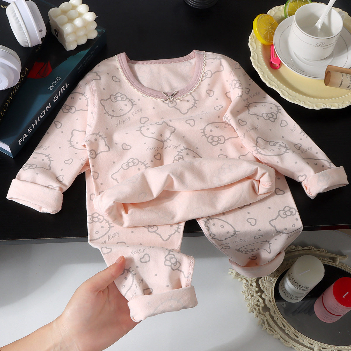 粉色打底衣棉冬季可爱KT猫女宝家居服套装