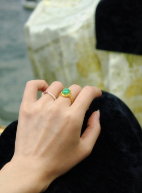 琉梨集民国风旗袍配饰翡翠镶嵌银镀金可调节戒指