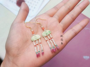 琉梨集 清代老翡翠双鱼珍珠碧玺银镀金耳环 旗袍汉服新中式配饰