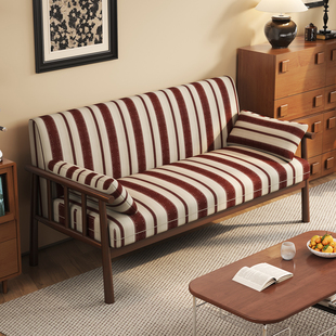 复古风实木双人沙发中古风小户型客厅公寓民宿棉麻布艺直排小沙发