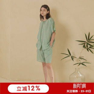 短裤 短袖 家居服 棉麻印花圆领清新薄款 朵朵可可睡衣女2024春夏新款