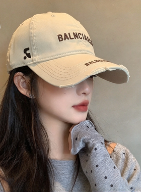 破洞水洗棉字母刺绣棒球帽女秋