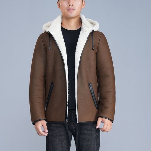 BGSD男士真皮皮衣 皮毛一体外套 可脱卸帽子夹克舒适保暖防风防寒