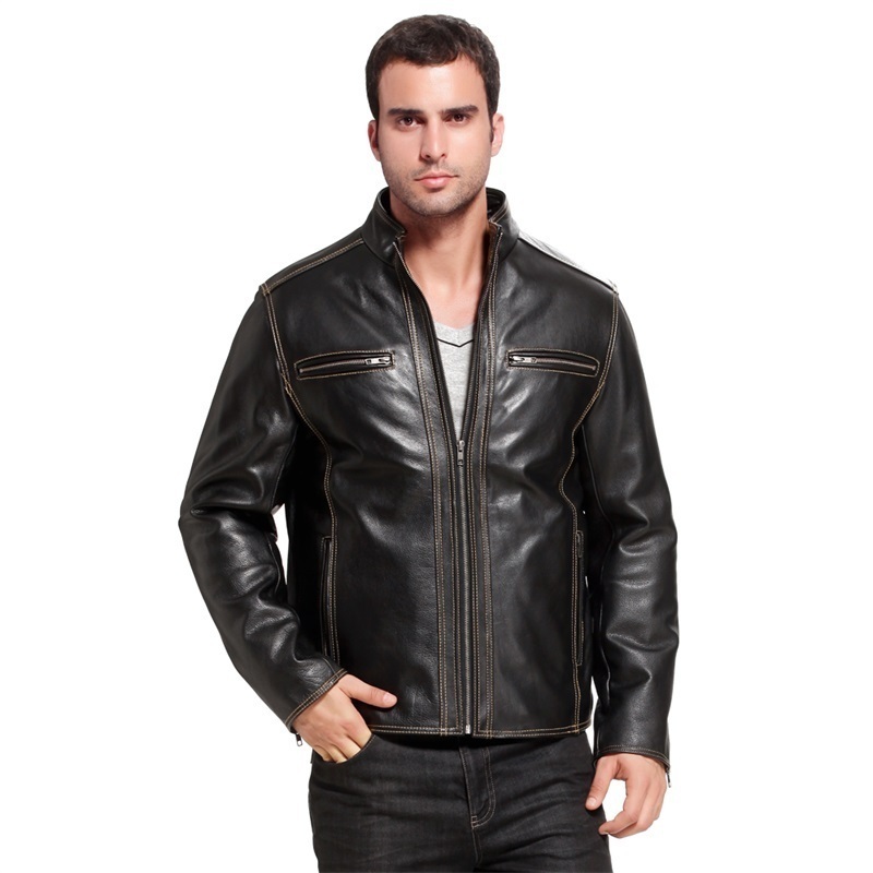 bgsd男装立领牛皮夹克缝线