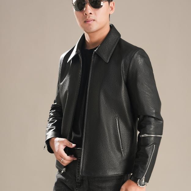 男士短款头层牛皮翻领皮衣