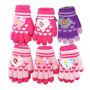 正品迪士尼公主儿童手套仿羊绒小学生五指半指手套女孩冬保暖手套