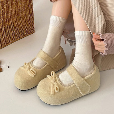 玛丽珍浅口单鞋女魔术贴保暖百搭棉鞋加绒2025冬季款蝴蝶结毛毛鞋