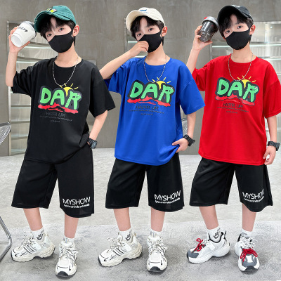 男童2025新款学生冰丝男孩衣服运动套装夏季青少年短袖短裤潮酷
