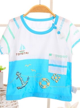 童泰宝宝夏装上衣短袖T恤夏季男童纯棉吸汗休闲圆领肩扣浅蓝色t