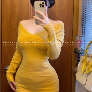 甜漫韩女纯欲性感V领黄色针织连衣裙秋冬辣妹修身收腰包臀短裙子