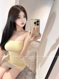 夏季新款纯欲风网纱抹胸包臀连衣裙紧身显身材黄色无袖裹胸短裙女