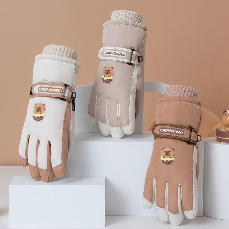 儿童卡皮巴拉滑雪手套学生防水泼骑车加绒加厚大童保暖防寒男女冬