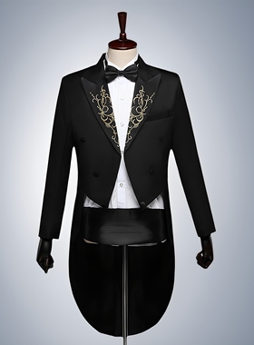 司仪主持人礼服男燕尾服西装黑白色绣花舞台大合唱演出表演指挥服