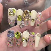 全华 Ash美甲定制施家蝴蝶绿色春夏款 手绘穿戴甲可拆卸成品