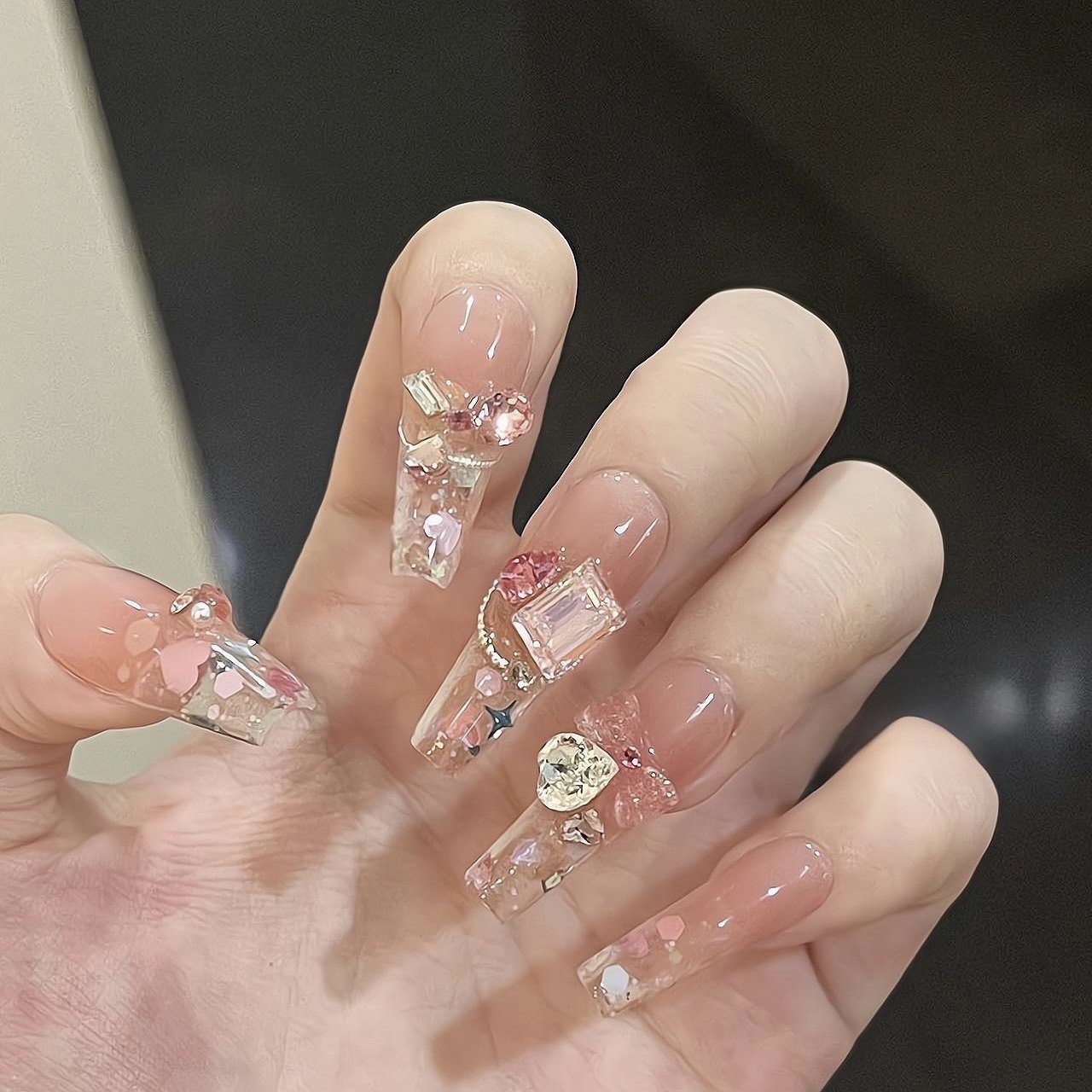全华 施华洛钻Ash美甲纯手工穿戴甲指甲贴片亮片蝴蝶结冰透粉成品
