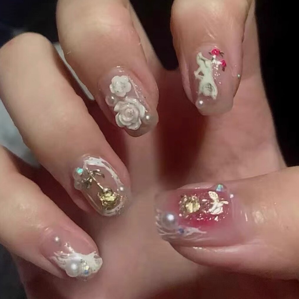 Ash美甲纯手工穿戴甲玫瑰花白色腮红晕染成品短款孕妇可用防水