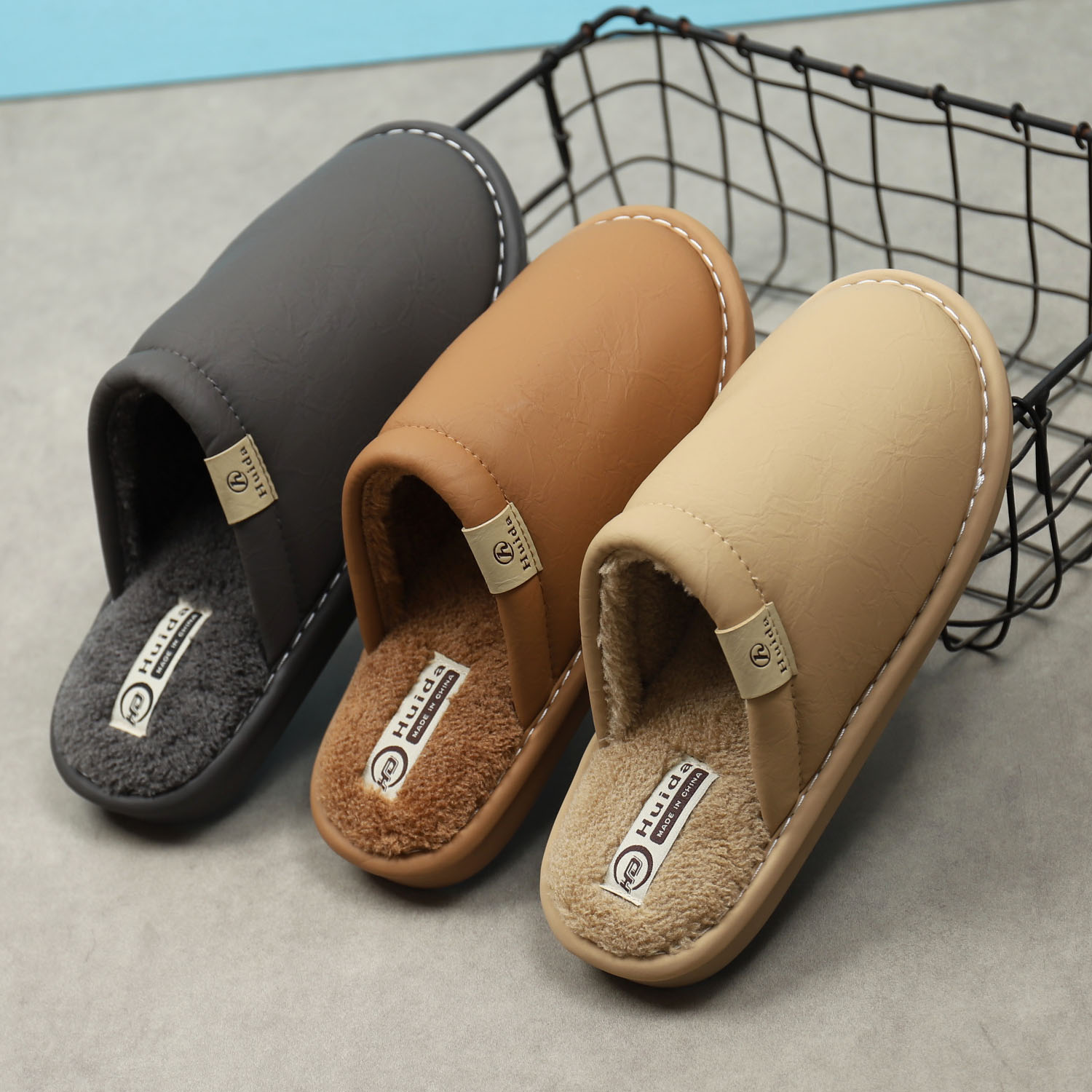 防水皮面棉拖鞋情侣软底防滑