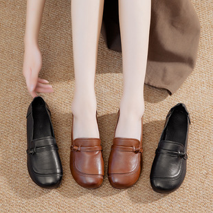 妈妈鞋头层牛皮复古单鞋平底真皮女鞋圆头防滑中老年鞋子秋季皮鞋