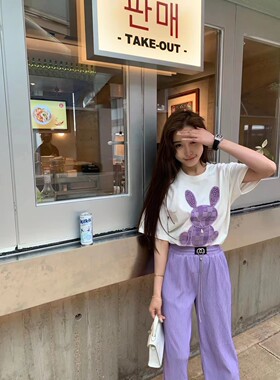 2026夏季短袖宽松胖妹妹大码纯棉穿搭休闲少女兔子图带钻女装T恤