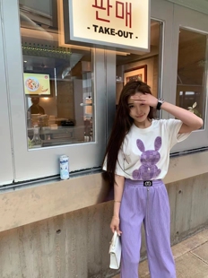 2026夏季短袖宽松胖妹妹大码纯棉穿搭休闲少女兔子图带钻女装T恤