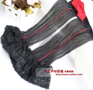 清仓处理 外单欧美古巴底后竖线蕾丝花边长统袜黑丝大腿袜长筒袜