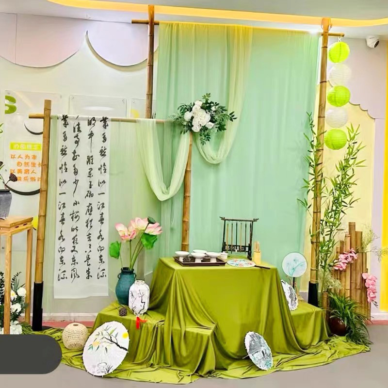 新中式清新环创背景布料幼儿园春夏国风区角隔断绿色纱幔书法纱幔