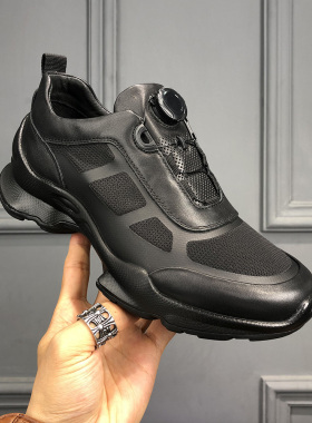 春季新款自动扣旋钮老爹鞋男鞋真皮网面拼接增高厚底休闲运动潮鞋