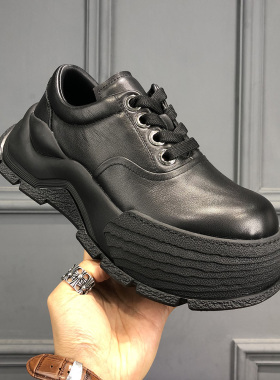 2026春季新款黑色厚底真皮松糕鞋男大头休闲滑板鞋欧货牛皮低帮鞋