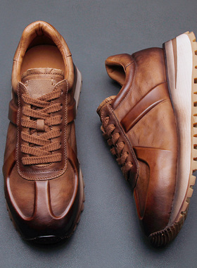 欧洲站春季男鞋老爹鞋2026新款牛皮复古运动鞋男潮鞋轻便厚底板鞋