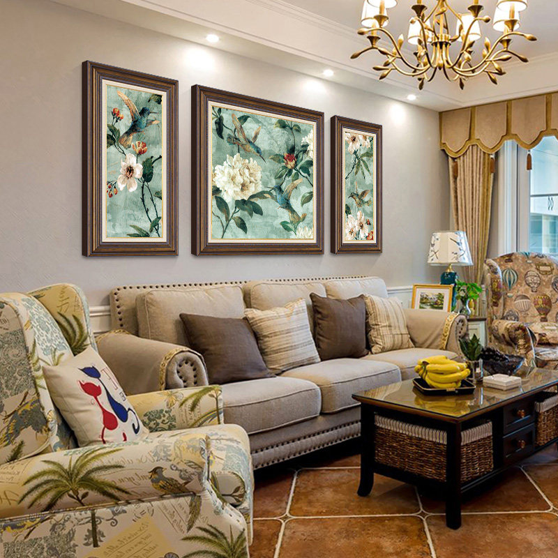客厅装饰画美式复古三联壁画法式高级正品油画肌理沙发背景墙挂画