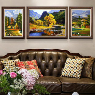 欧式客厅装饰画三联画山水风景油画肌新品沙发背景墙挂画美式壁画