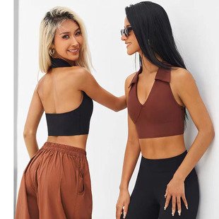 外贸挂脖运动文胸女美背防下垂运动健身房速干背心含胸垫瑜伽上衣