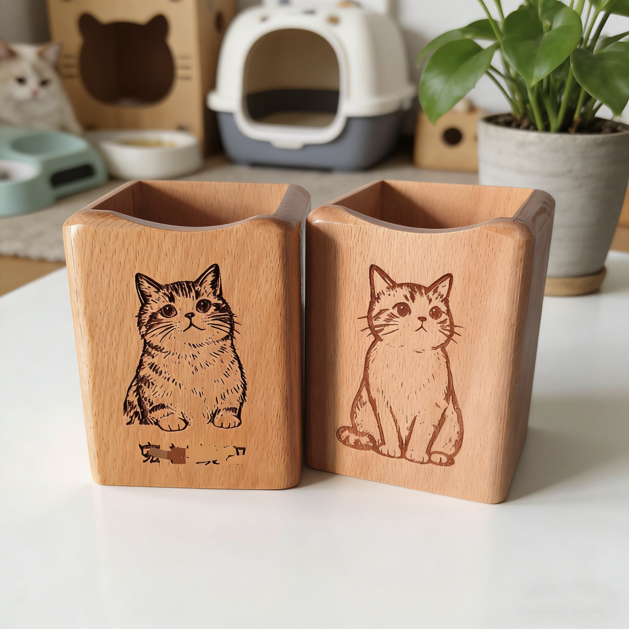 猫咪笔筒宠物盒子杂物收纳仿真花盆实木摆件手工可定制图案卡通