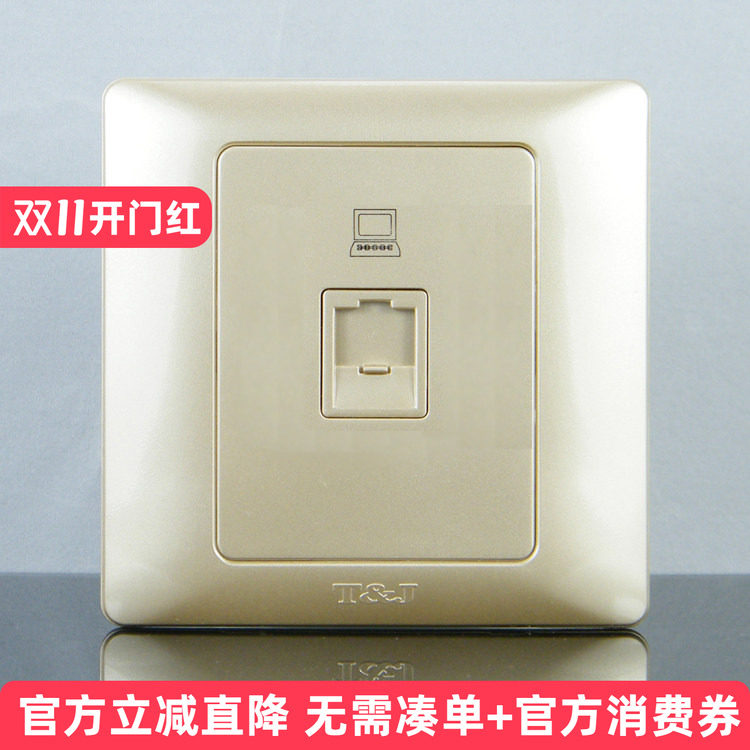 TJ天基开关插座开关面板特雅致系列 网线电脑插座 香槟金色