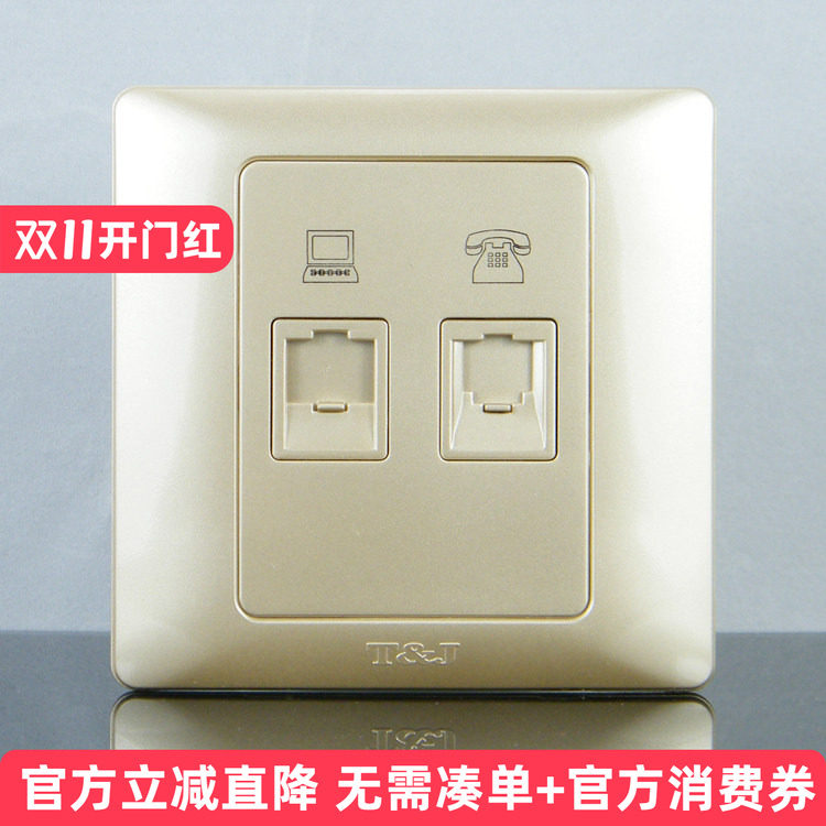 TJ天基开关插座开关面板雅致系列 电话 电脑插座 香槟金