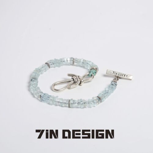 7in【冰岛】原创小众设计蓝色海蓝宝水晶手串情侣叠戴925纯银手链