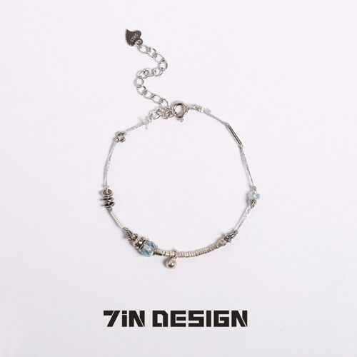 7in【风铃】原创小众设计手作天然海蓝宝手串叠戴925纯银铃铛手链