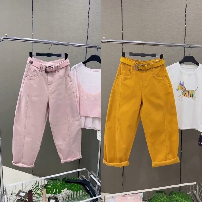 2026春季新款水洗棉工装裤女高腰休闲牛仔裤彩色哈伦裤宽松运动裤