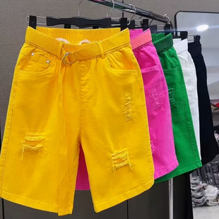 显瘦中裤 2025夏季 女高腰宽松休闲直筒五分裤 黄色破洞牛仔短裤 新款