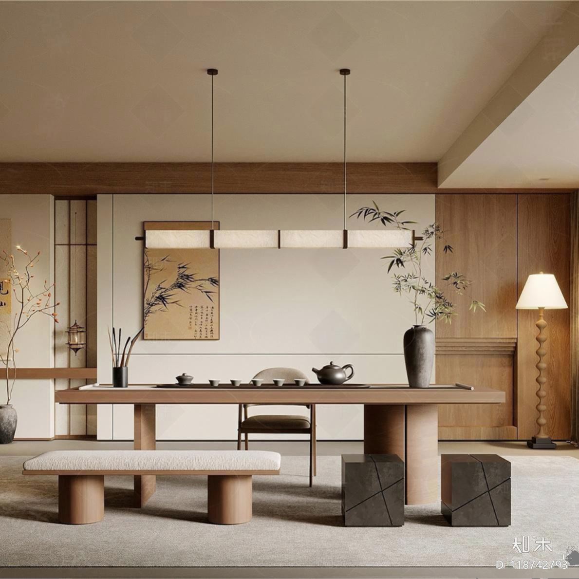 新中式茶桌家居简约设计师款实木茶桌椅组合宋式风茶室样板房茶桌