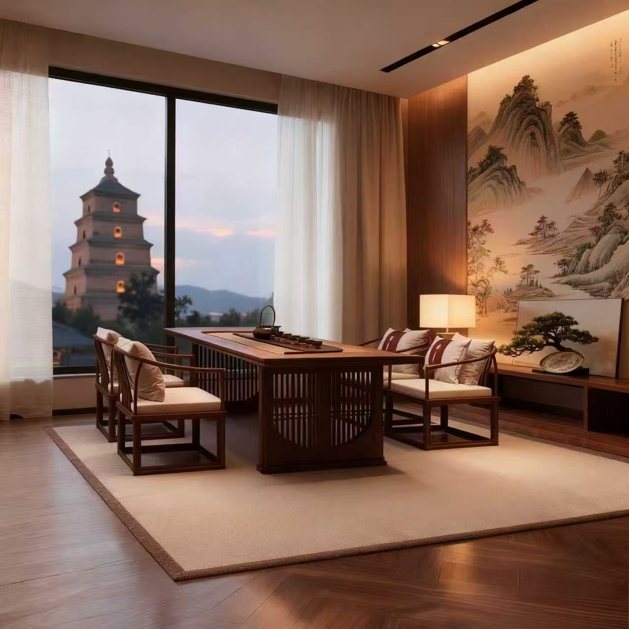 现代宋式美学黑胡桃木茶桌椅设计师同款榫卯禅意泡茶桌高端定制