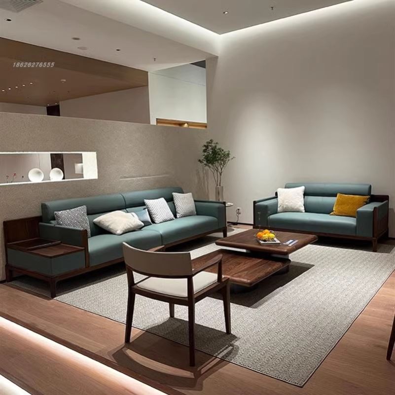 新中式禅意客厅实木沙发茶几黑胡桃白蜡木商务酒店民宿办公室家具