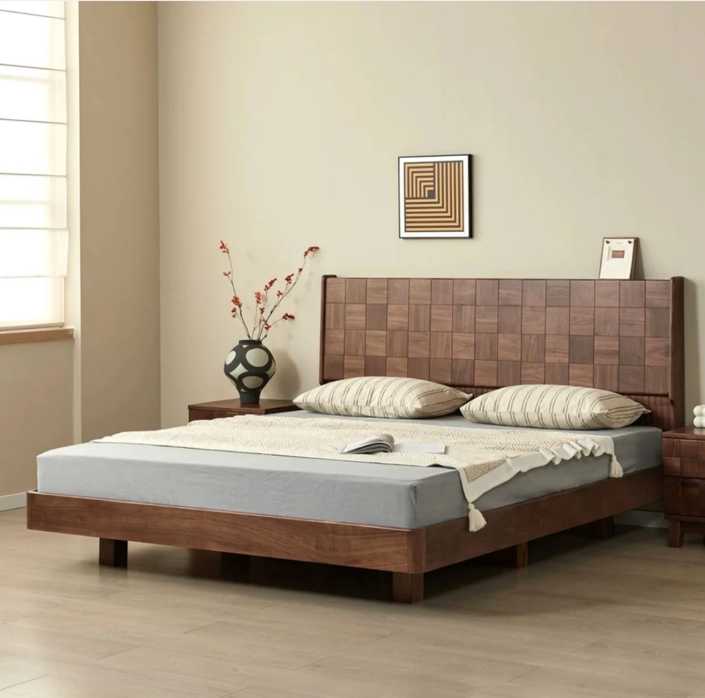 宋式美学大床样板房高端别墅黑胡桃白蜡木实木床设计师款民宿酒店