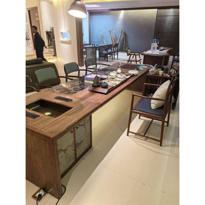 北美黑胡桃木带岩板新中式茶桌实木茶台休闲办公茶室家用定制茶几