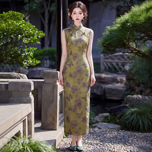 橄榄绿无袖提花旗袍2026新款改良复古民国风日常连衣裙女