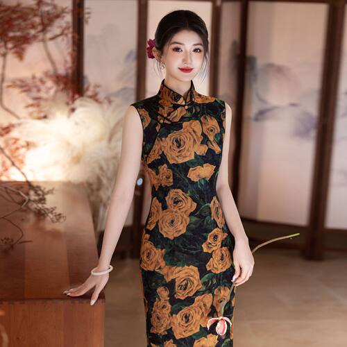 2026春夏新款旗袍复古大花丝绒长款旗袍港风高级感女旗袍